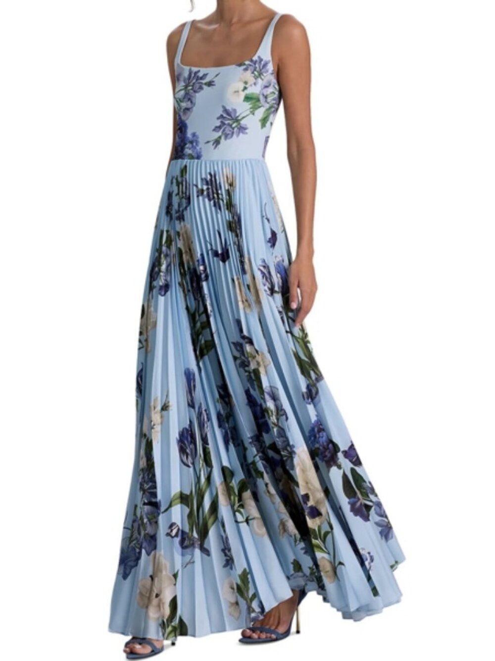 Alice and Olivia Carolyn Soft Square Neck Pleated Maxi Dress